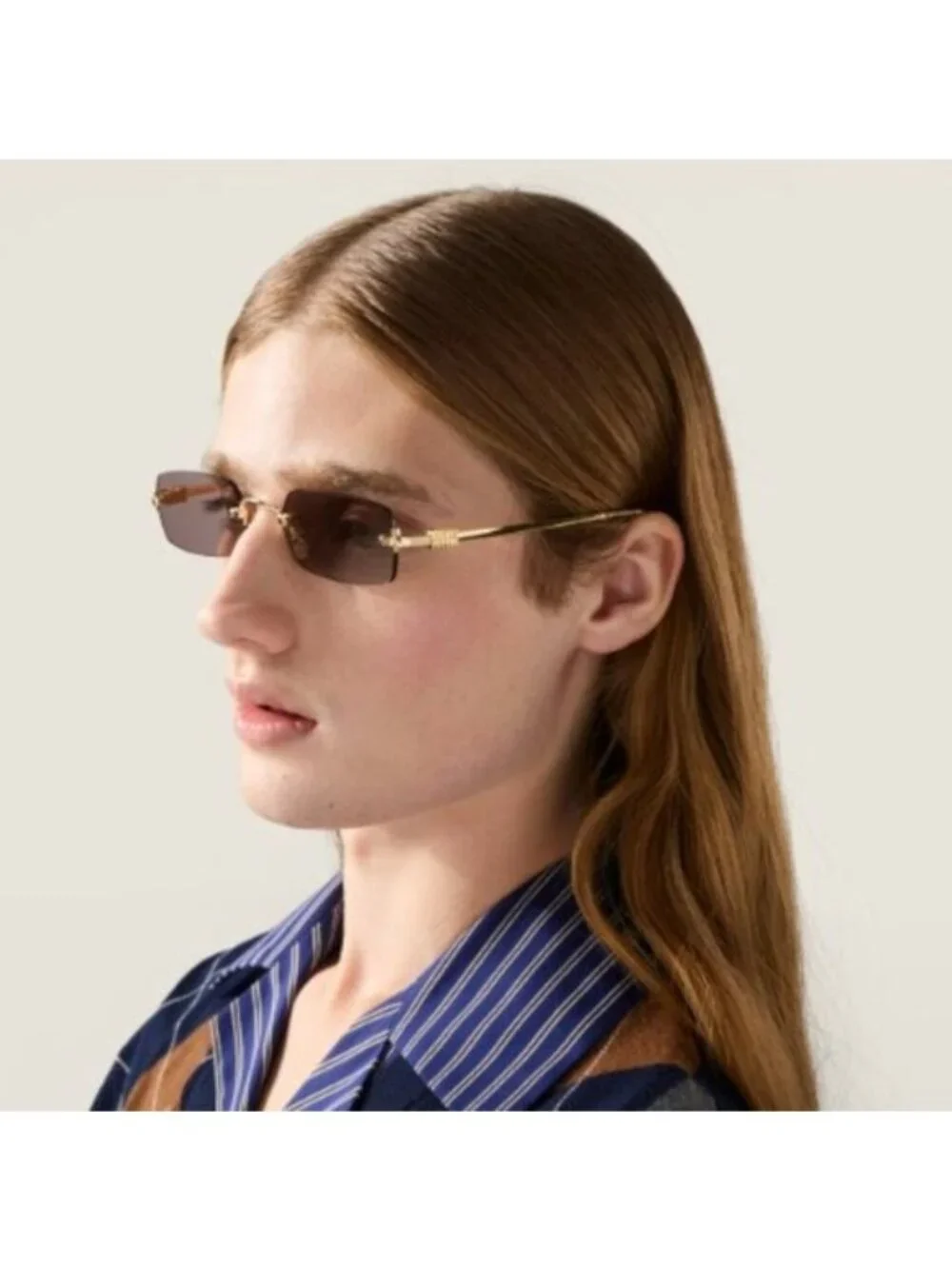 Miu Miu MUB50S ZVN80O Sunglasses Gold Rectangle Frame, Light Blue Lenses